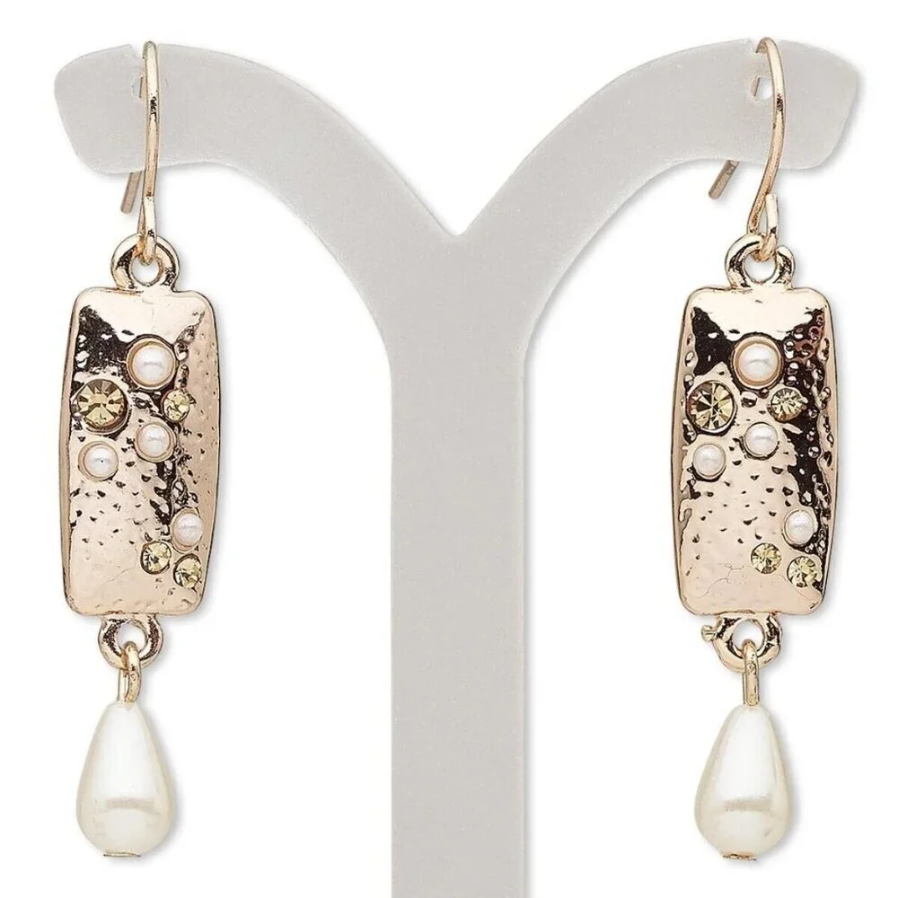 Rose Gold Tone White Topaz Color Crystal Rectangle Dangle Earrings